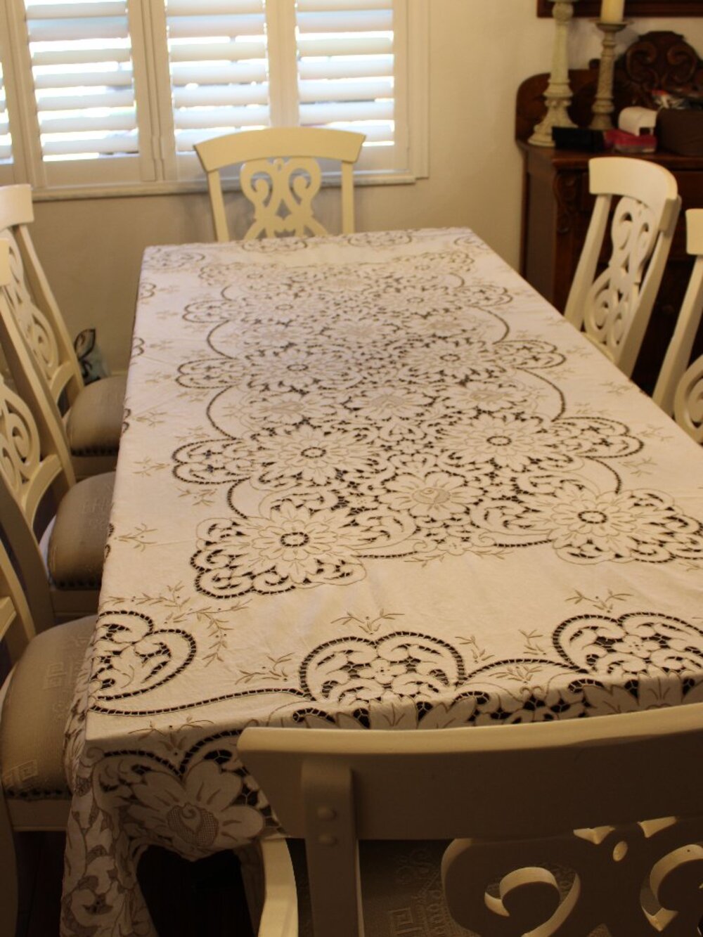 Antique Linen Richelieu tablecloth hand embroidery cutwork floral medallion Lace